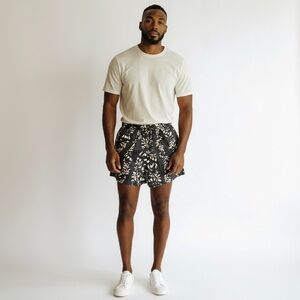 Floral Black and White Swim Trunks